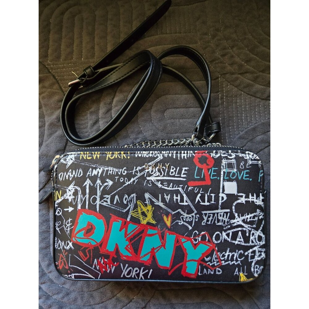 DKNY Black Graffiti Print Crossbody Bag With Double Zipper Compartments & Adjust